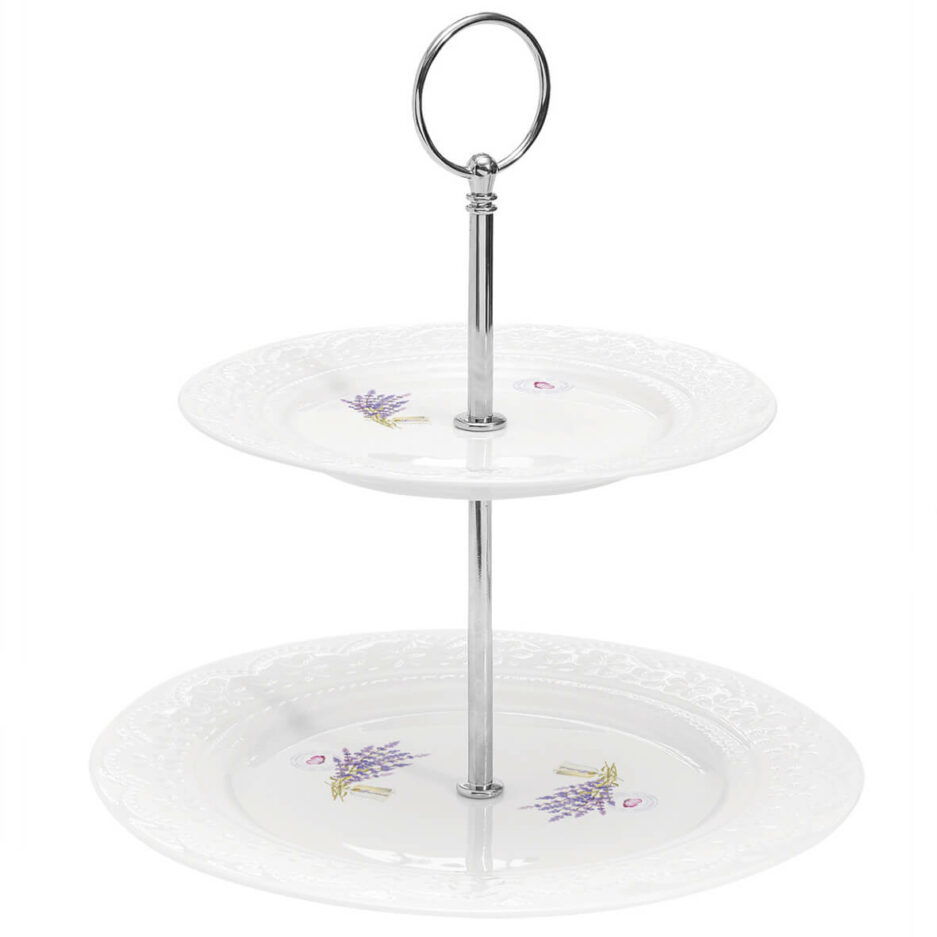 Plateau à gâteaux à deux niveaux en porcelaine dans une boîte diamètre 16/21 cm Lavante