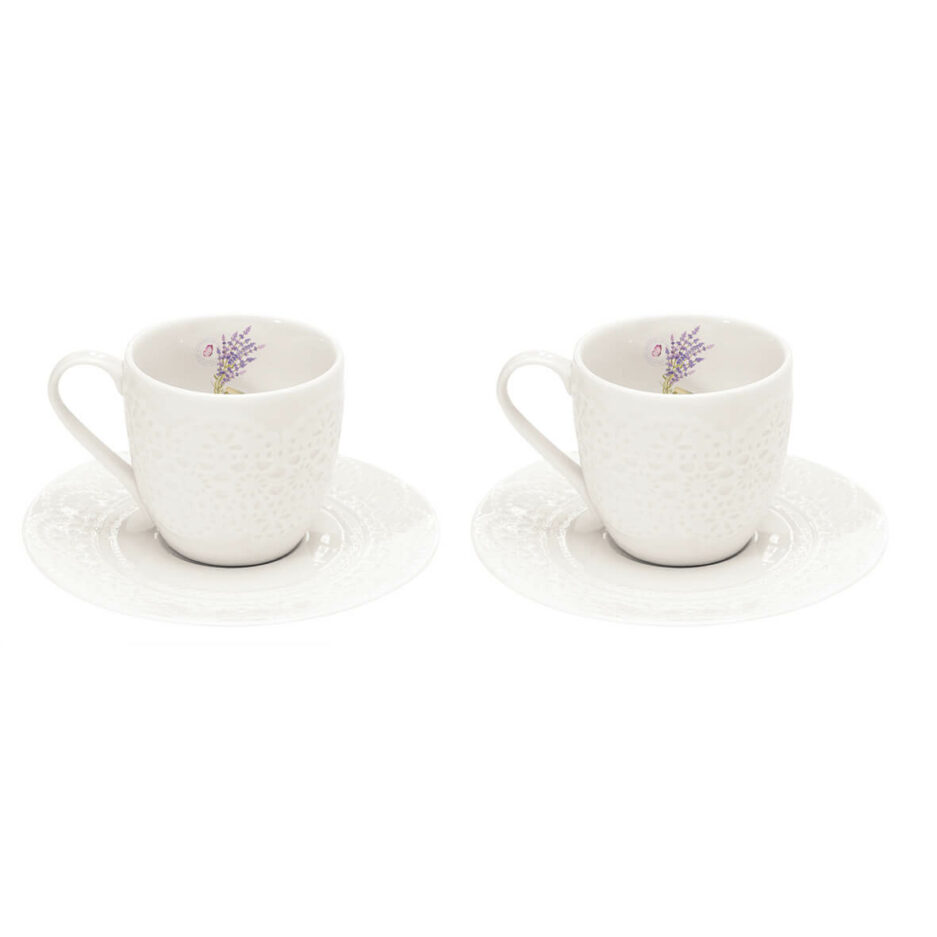 Ensemble de 2 tasses à café avec soucoupes en porcelaine 100 ml dans une boîte LAVANDE