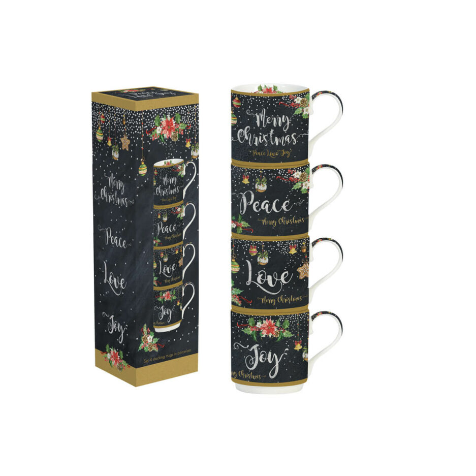 Ensemble de 4 tasses empilables de 275 ml en porcelaine Peace Love JOY MERRY XMAS