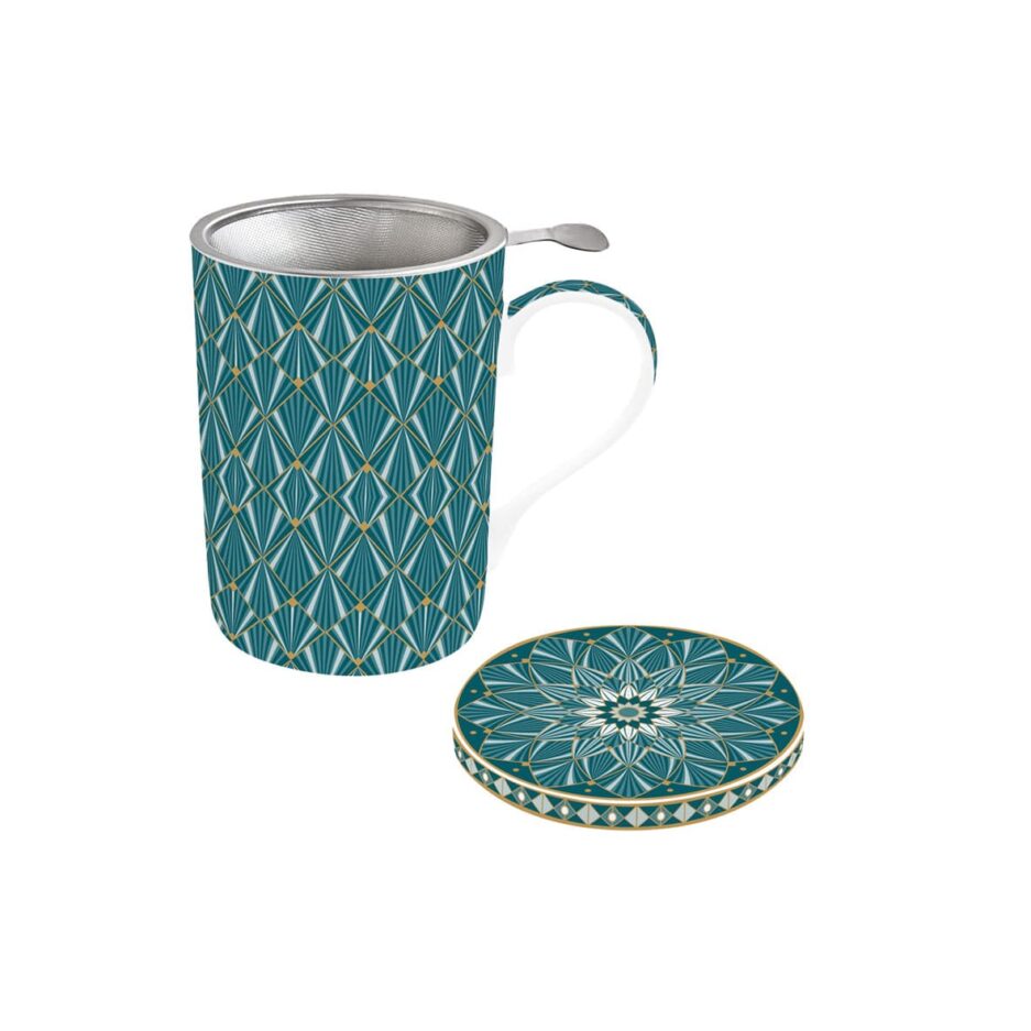 Mug e sottobicchiere in porcellana con infusiera 350 ml ART DECO GREEN