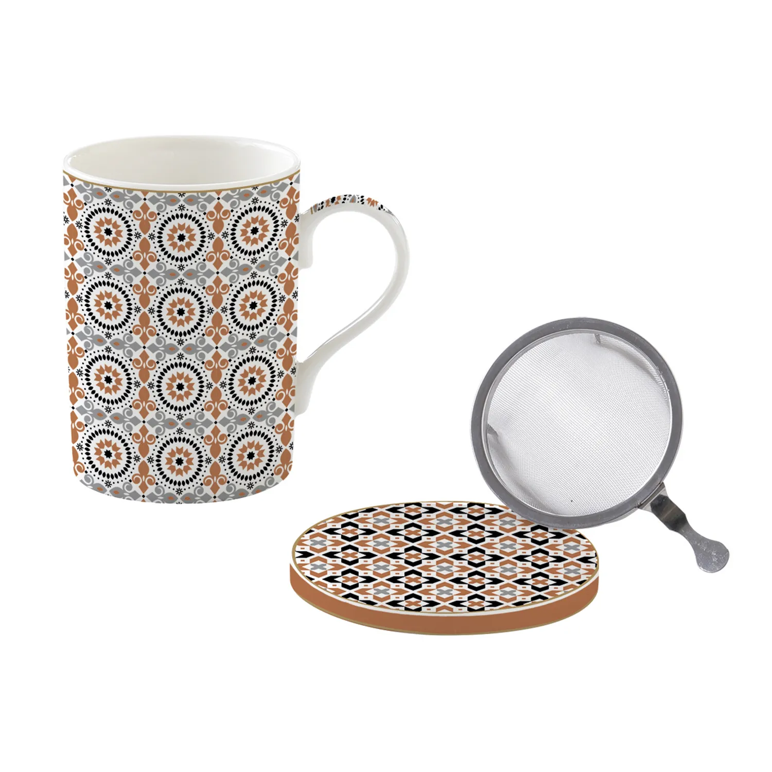 Tazza e sottobicchiere in porcellana con infusiera in metallo 350 ml GEOETHNIC