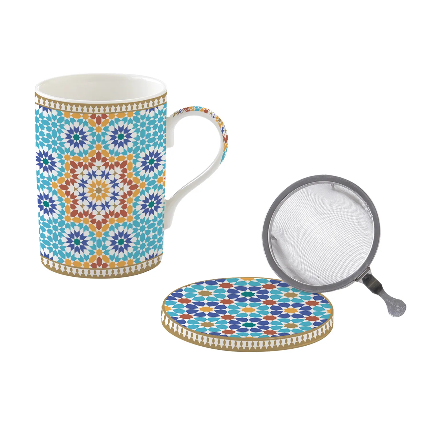 Mug e sottobicchiere in porcellana con infusiera in metallo 350 ml MARRAKECH