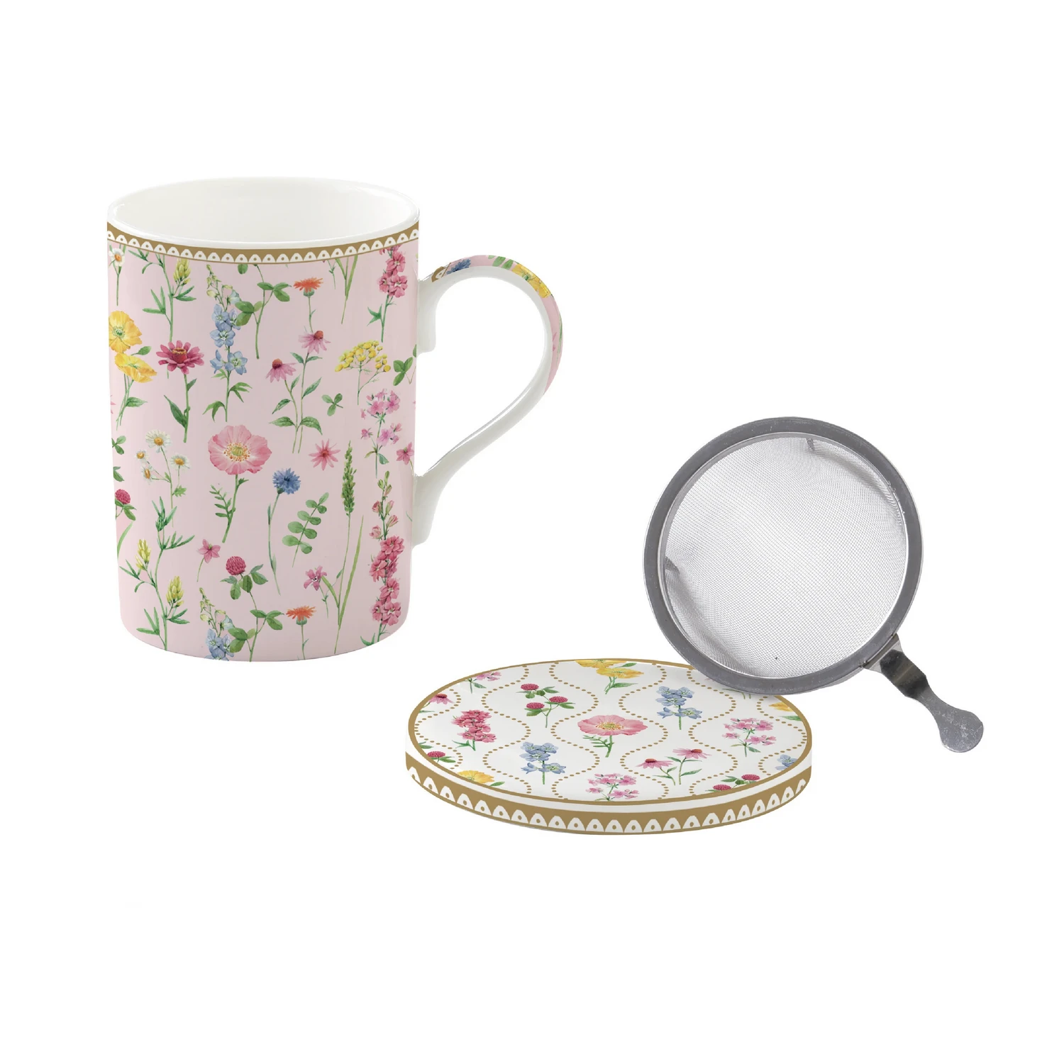 Porcelain tea cup 350 ml with saucer and infuser MEADOW FLOWERS
