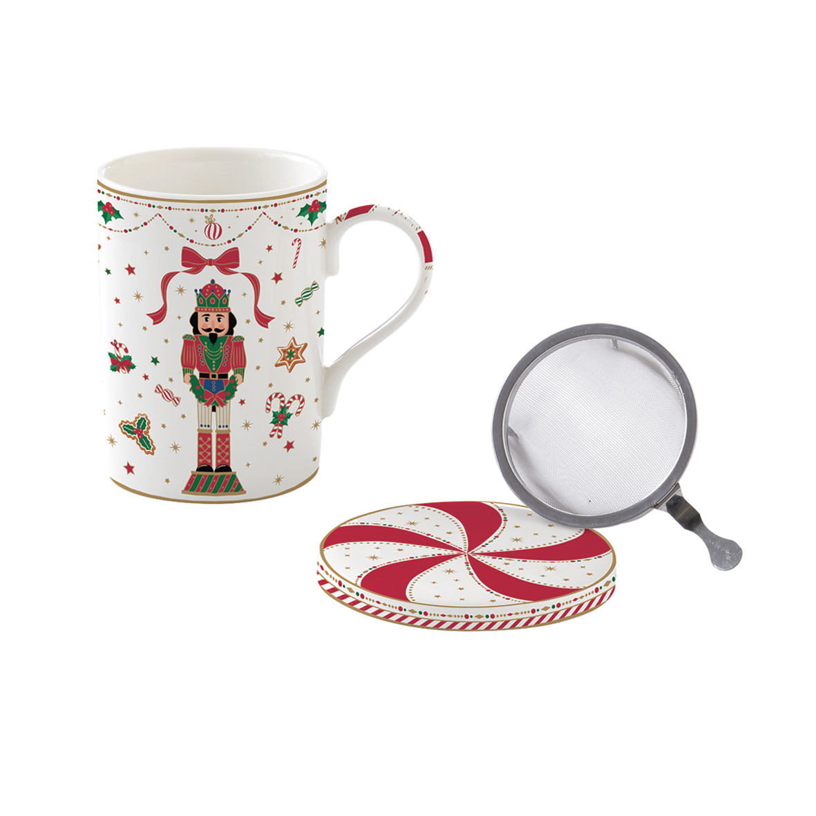 Tazza e sottobicchiere in porcellana con infusiera in metallo 350 ml NUTCRACKER TWIST