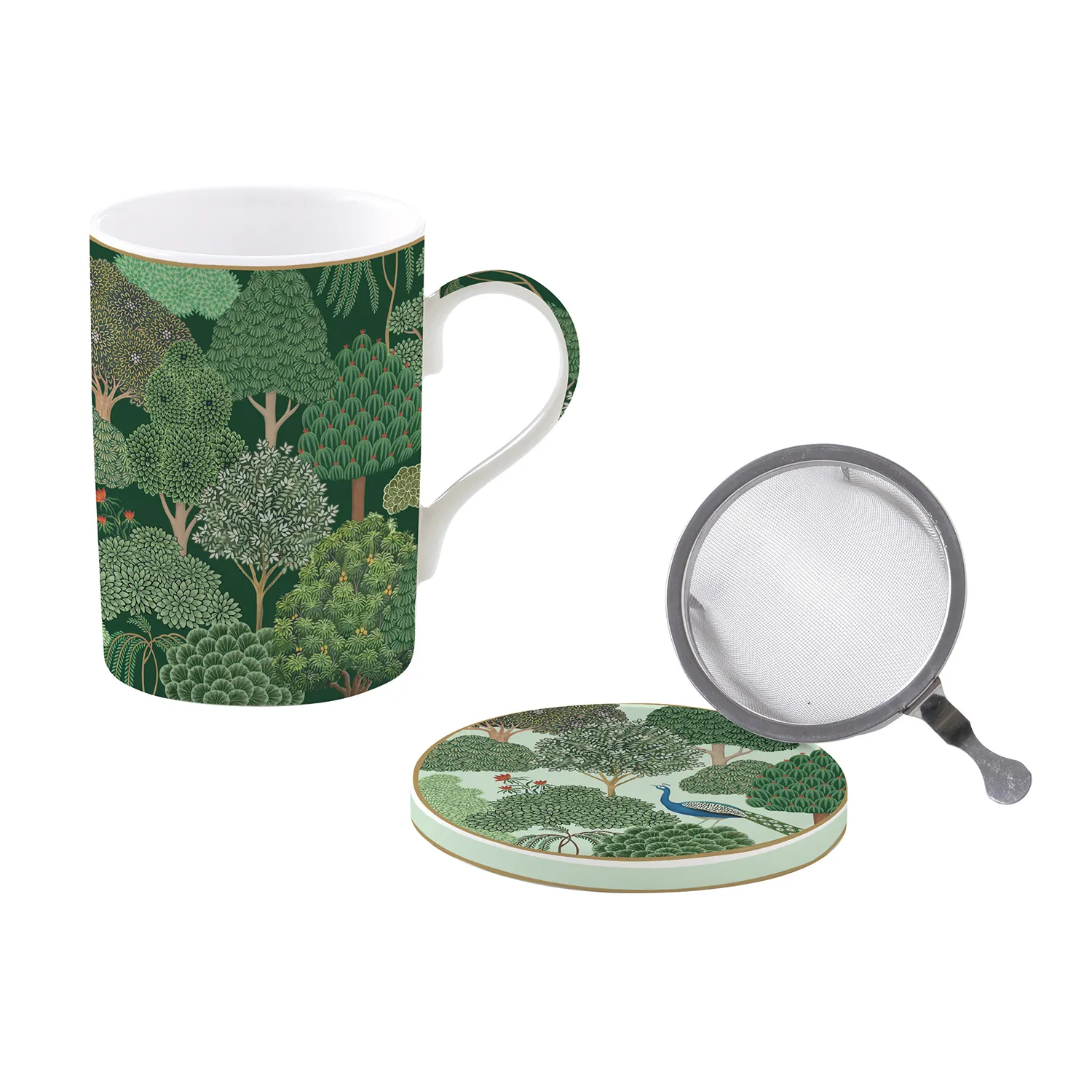 Mug e sottobicchiere in porcellana con infusiera in metallo 350 ml WOODLAND