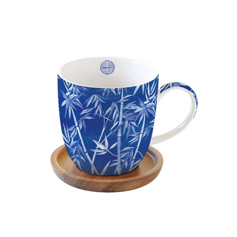 Porcelain mug 350 ml with acacia lid and coaster PAGODA BAMBOO