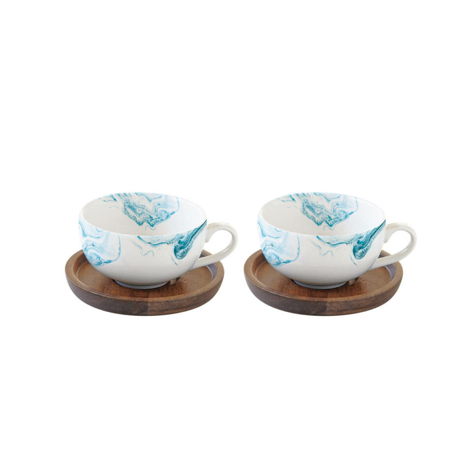 Set 2 tazzine 120 ml con piattini in acacia AQUA