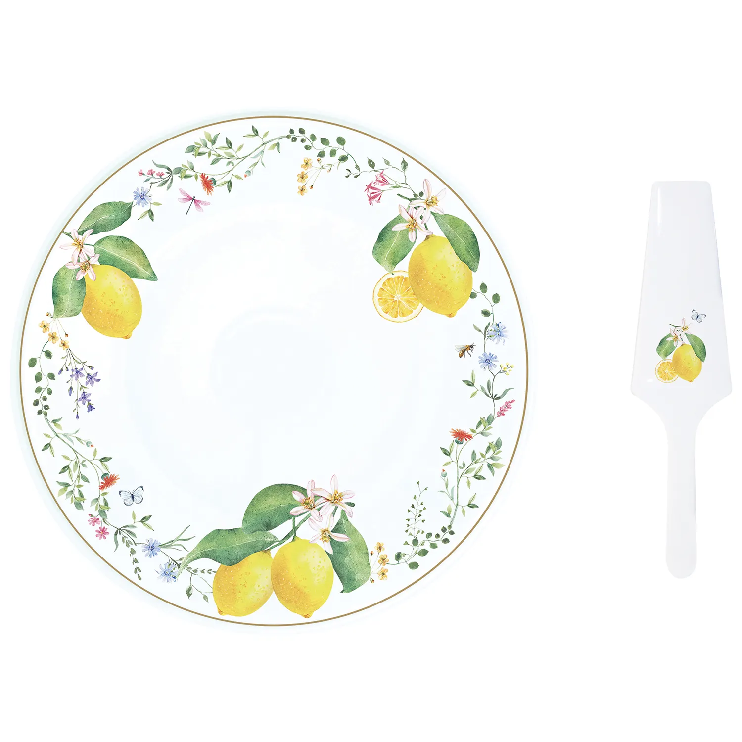 Cake plate with scoop in porcelain Ø 32 cm FLEURS ET CITRONS
