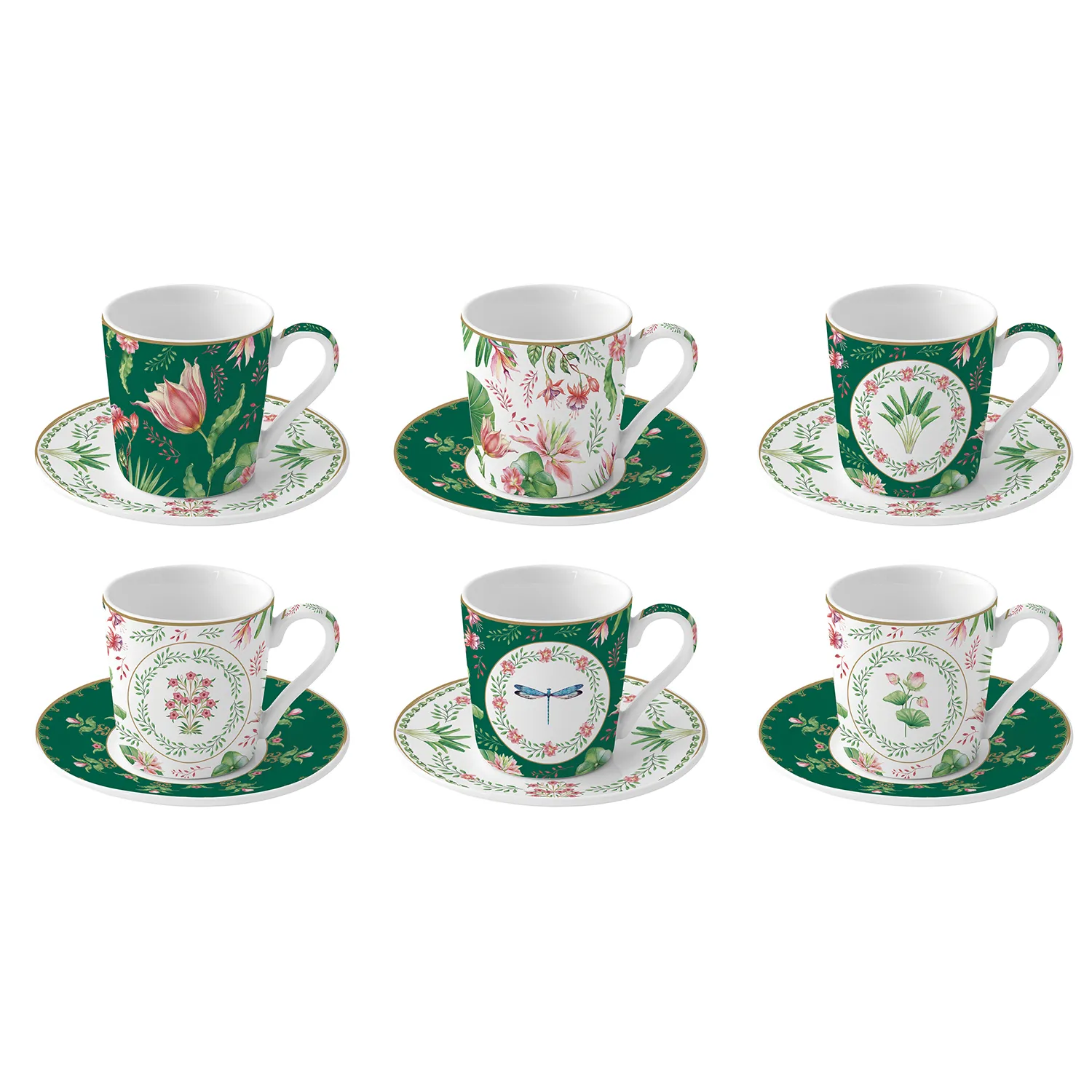 Set of 6 coffee porcelain cups with saucer 100 ml BOTANIC CHIC