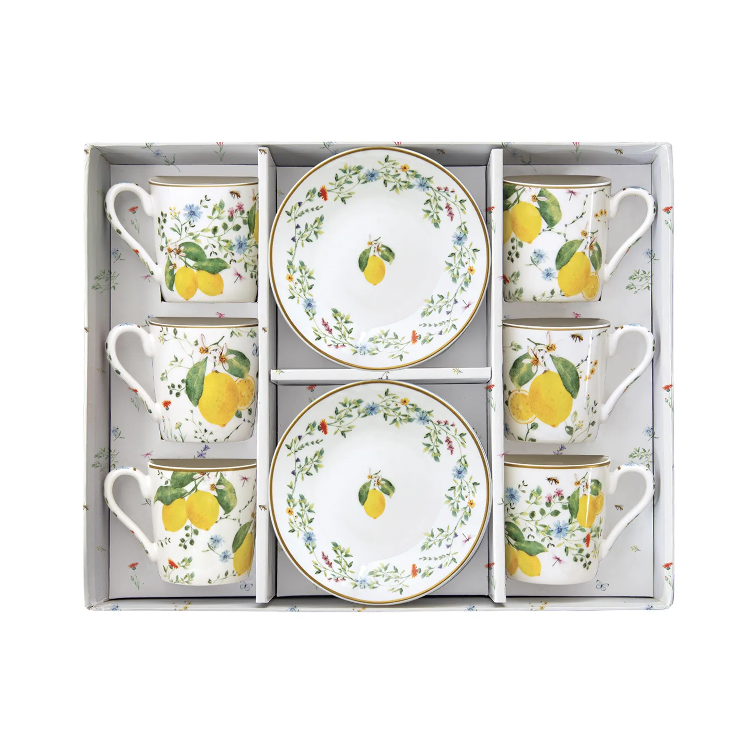 Alternative view of Set of 6 coffee porcelain cups with saucer 100 ml FLEURS ET CITRONS
