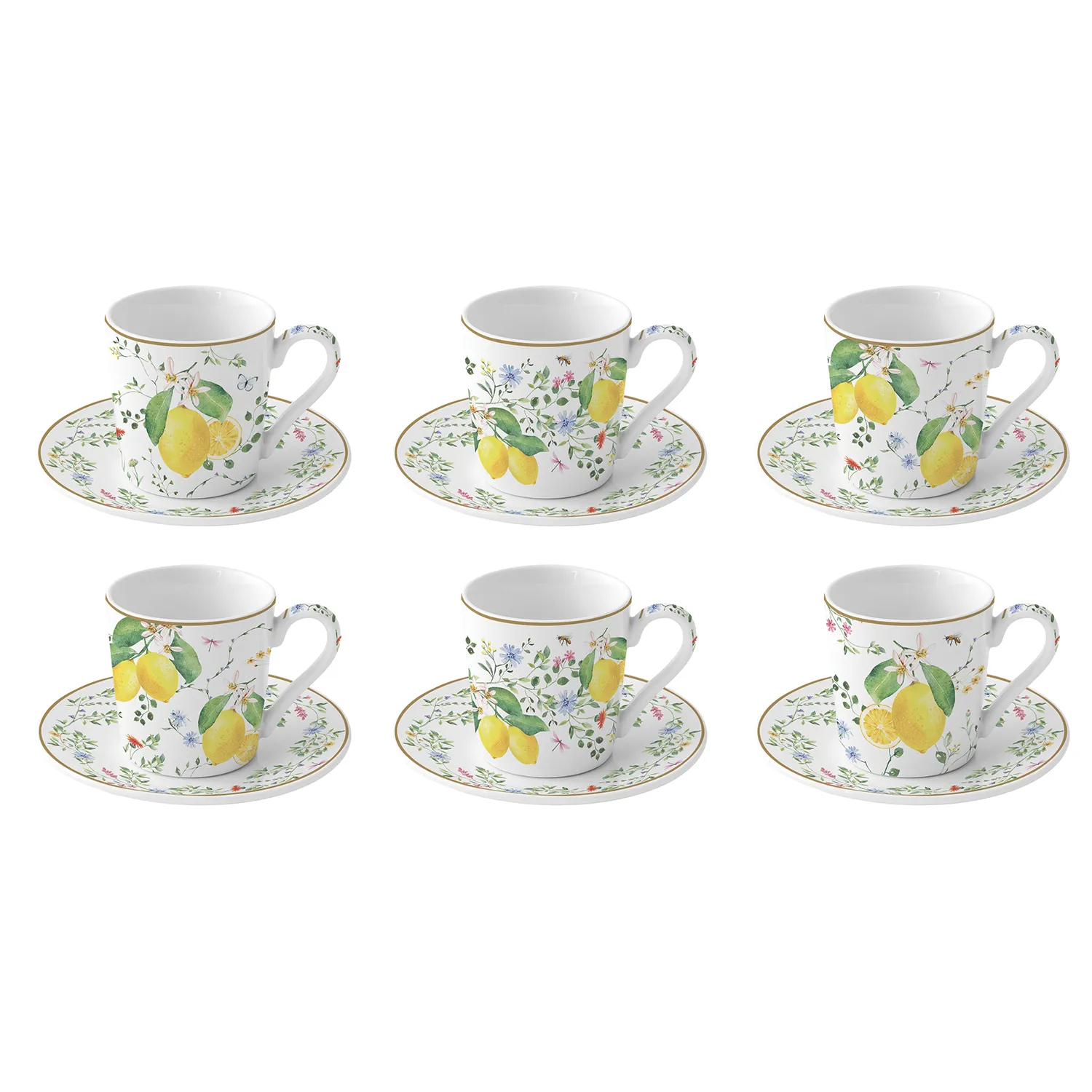 Set of 6 coffee porcelain cups with saucer 100 ml FLEURS ET CITRONS