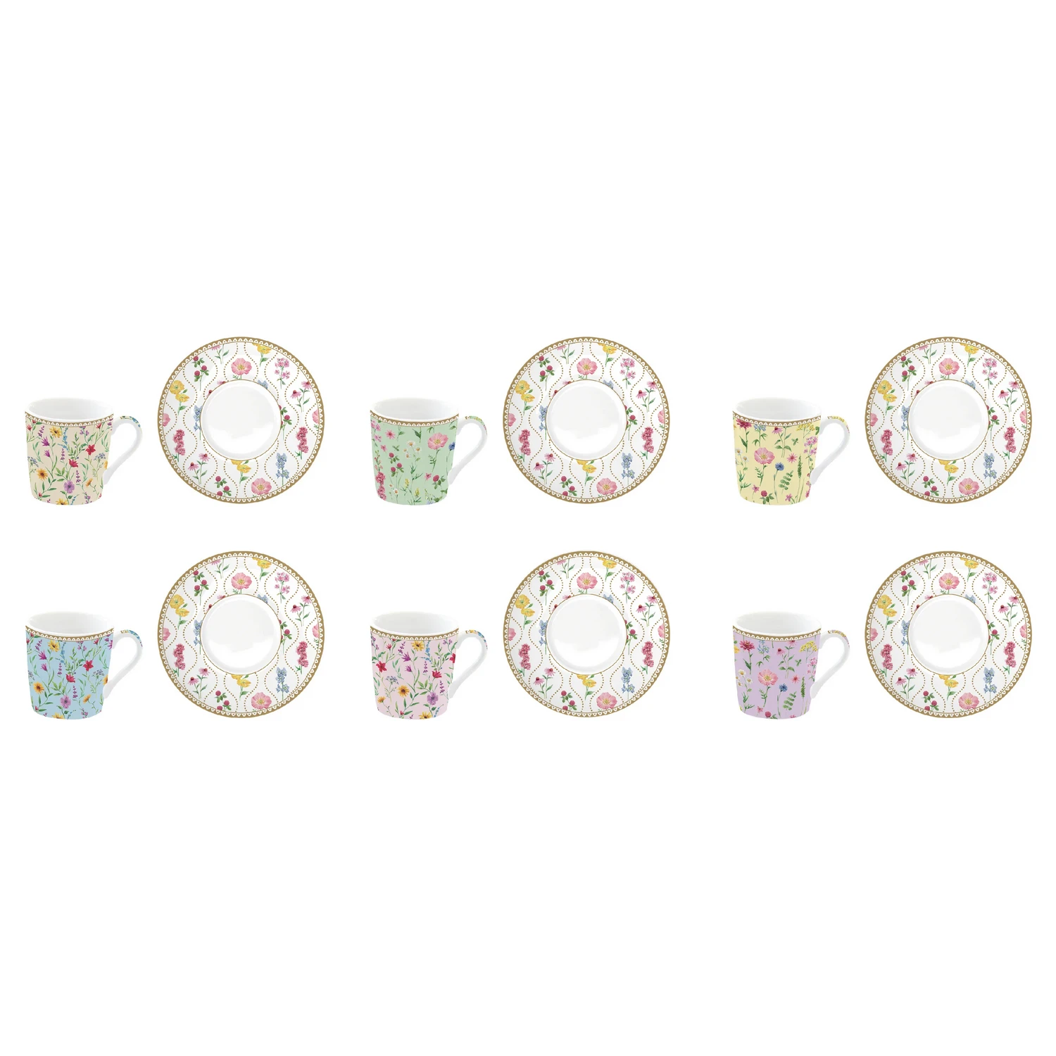 Set of 6 coffee porcelain cups with saucer 100 ml MEADOW FLOWERS