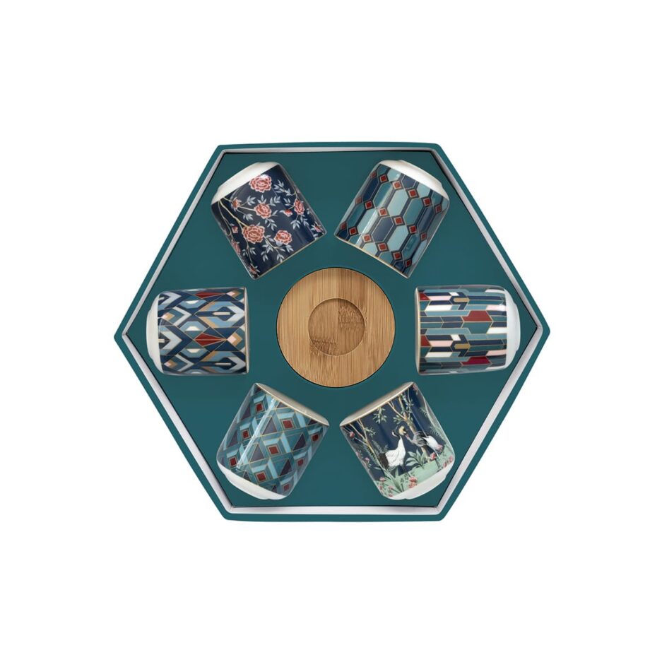 Ensemble de 6 petites tasses à espresso de 110 ml avec soucoupes en bambou, dans une boîte cadeau MANDALAY