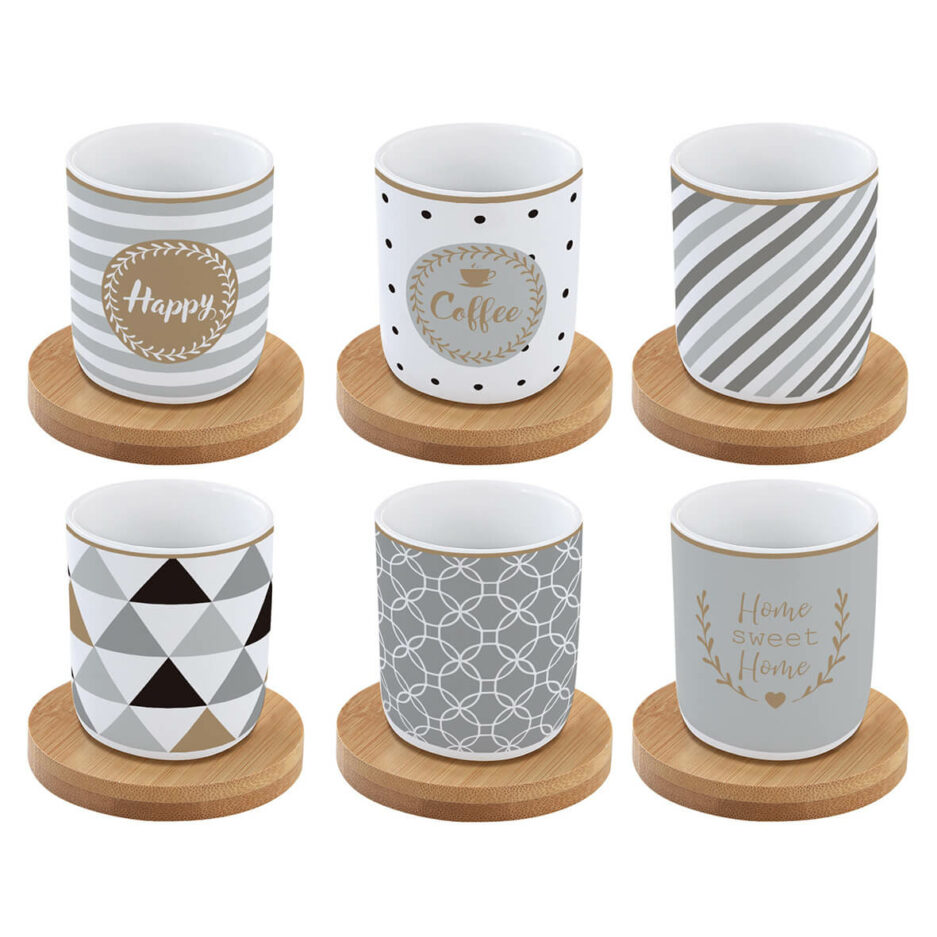 Set 6 coffee cups in porcelain & bamboo saucers 110ml HAPPY