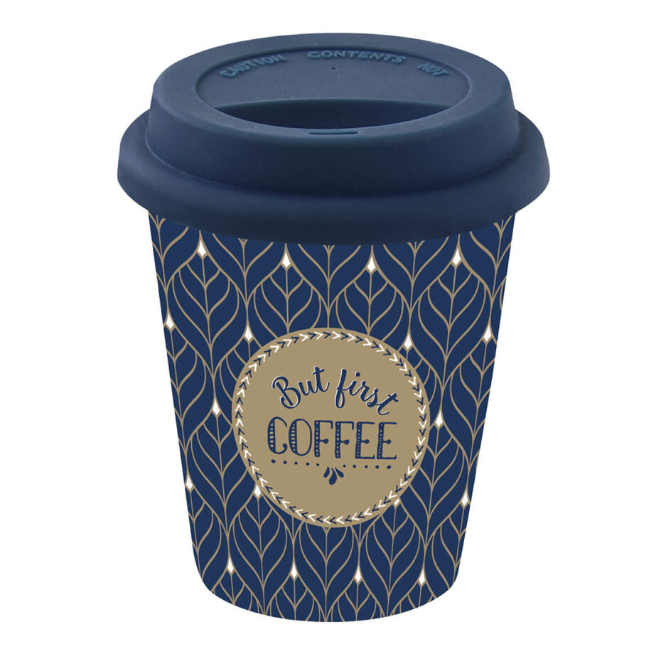 Mini travel mug in porcelain 220 ml in colour box BUT FIRST COFFEE