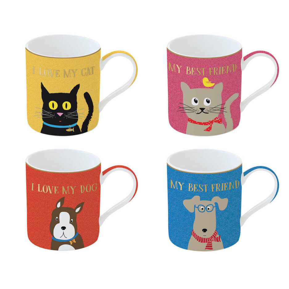 Set 4 tazze 350 ml in porcellana decori assortiti CATS & DOGS