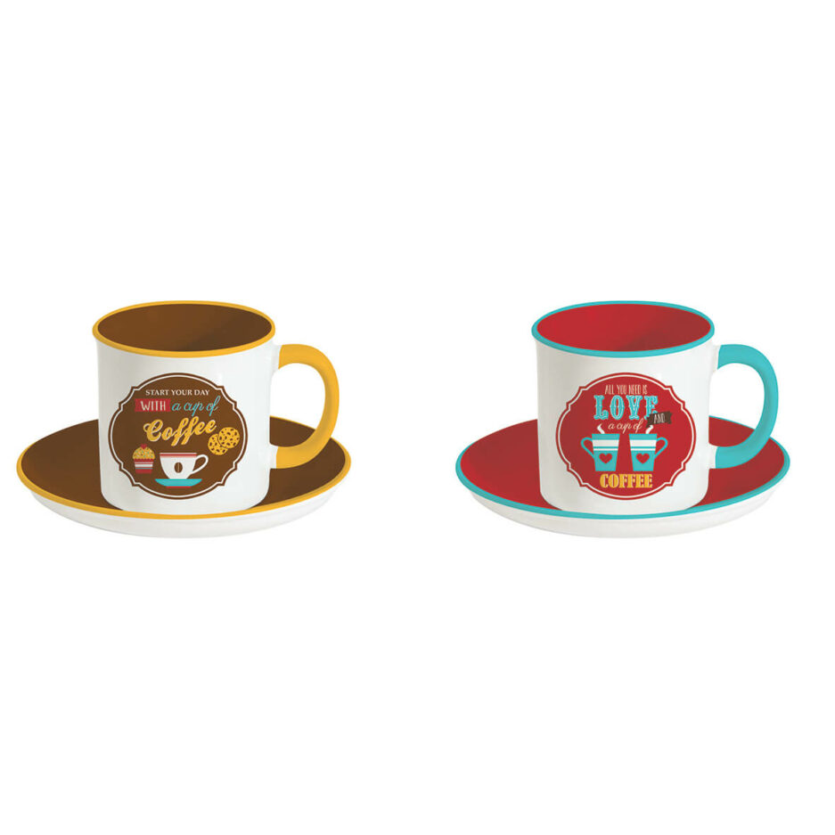 Set 2 tazzine caffè con piattino in stoneware 100ml in scatola BROWN/RED