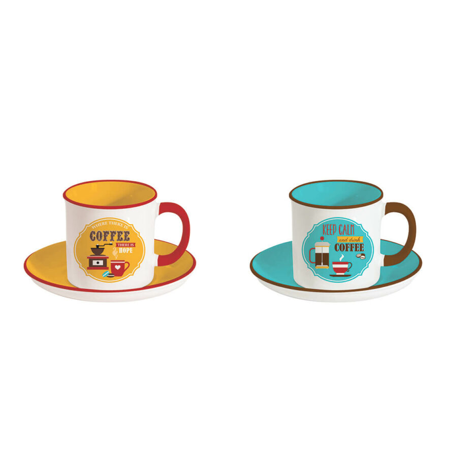 Ensemble de 2 tasses à café avec soucoupes en stoneware, 100 ml chacune, dans une boîte RETRO BREAK COFFEE ORANGE/Turcuoise