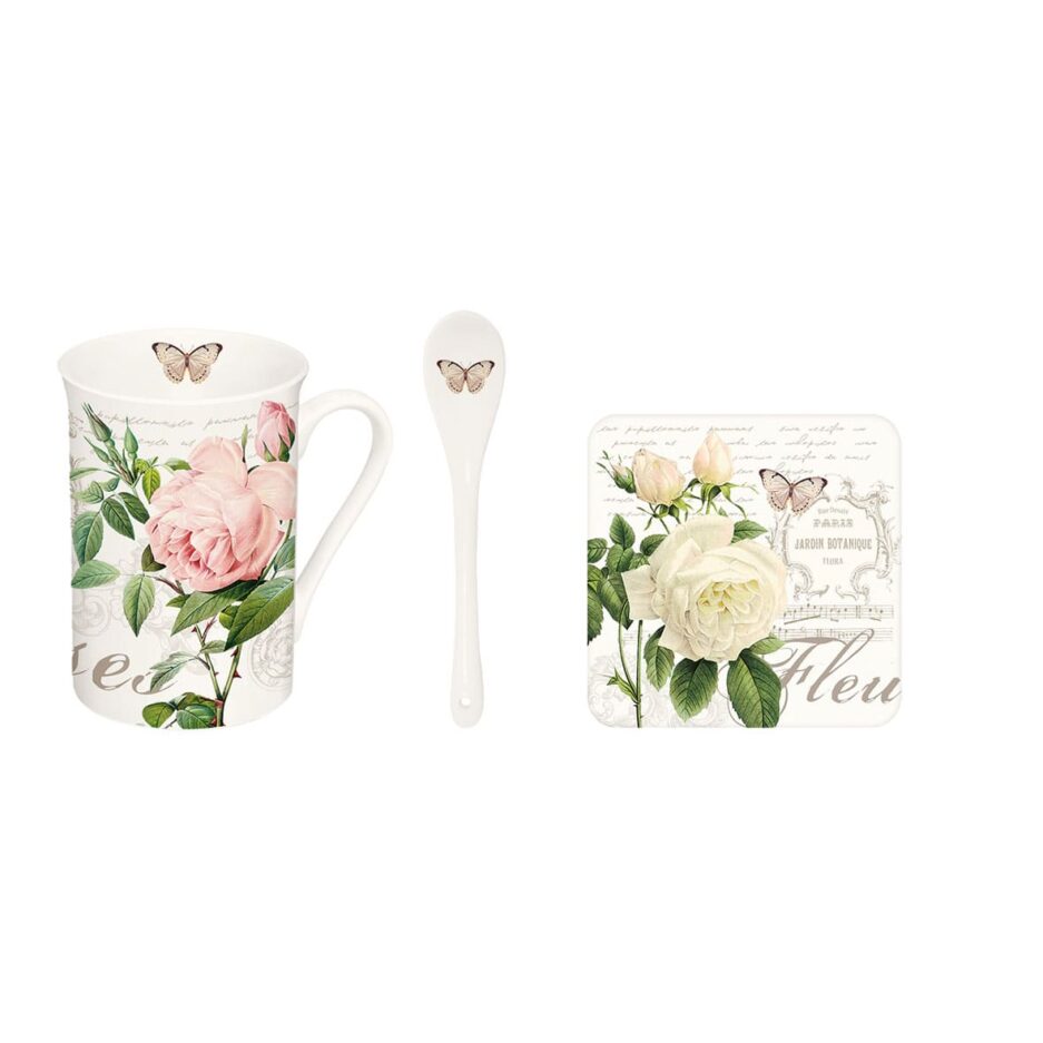 High quality Fine China mug 300 ml with spoon and coaster 10,5 x 10,5 cm JARDIN BOTANIQUE