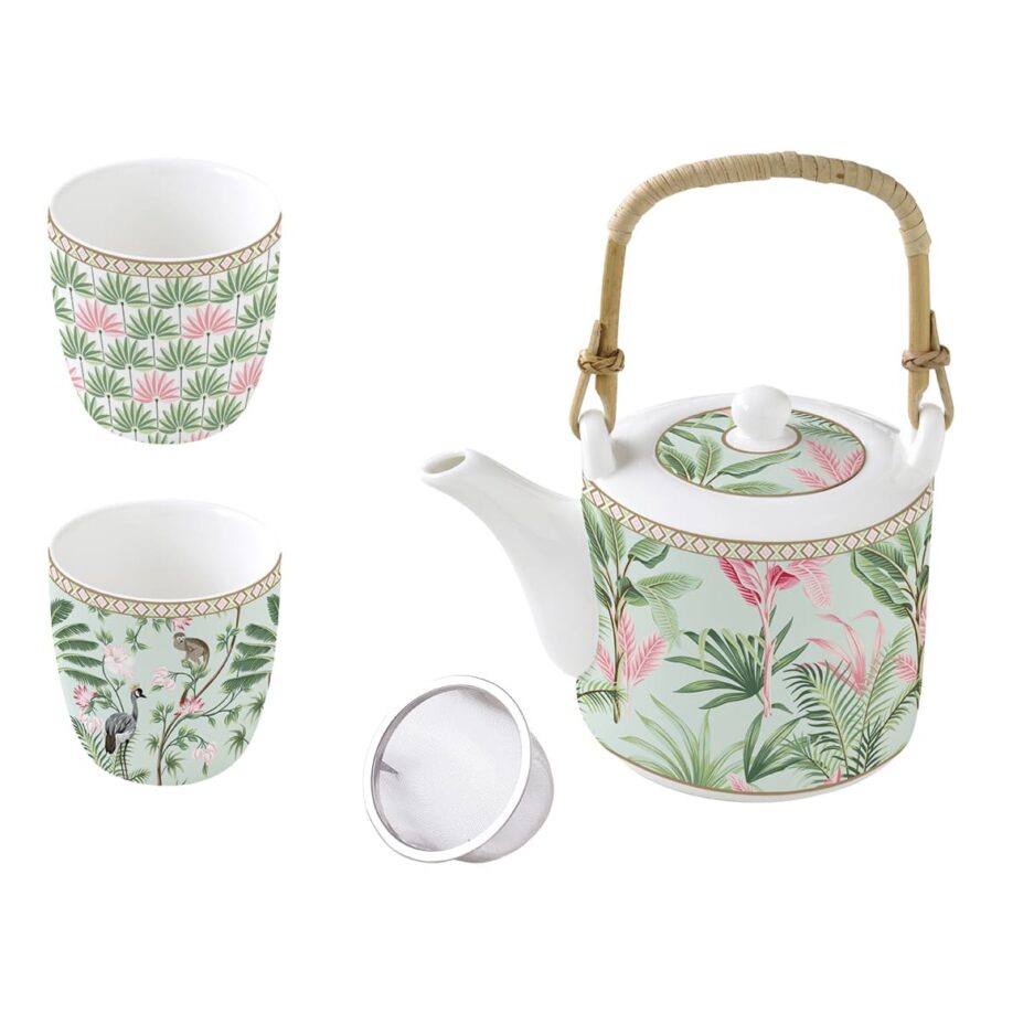 Porcelain teapot 600 ml with infuser and 2 cups WILD TROPICAL