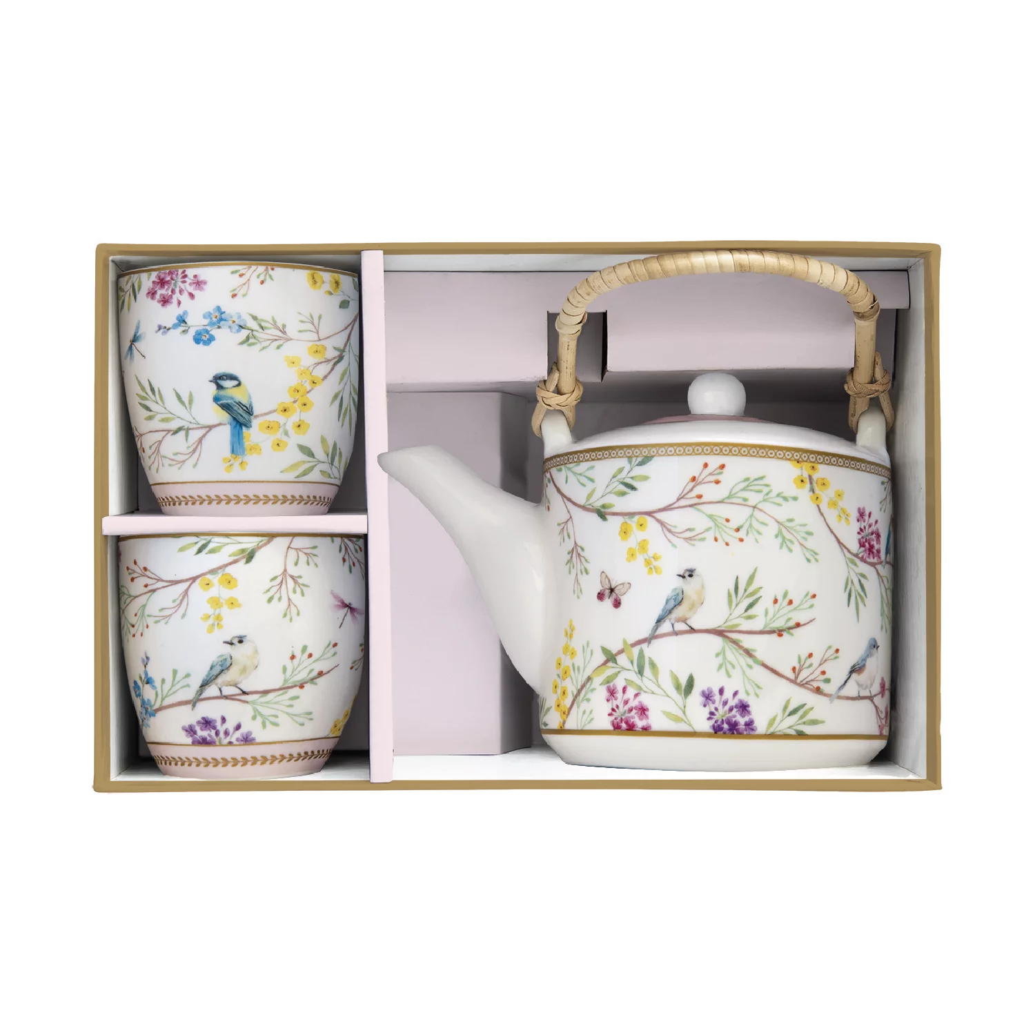 Alternative view of Porcelain teapot with metal infuser and 2 small cups BIRDS MELODY