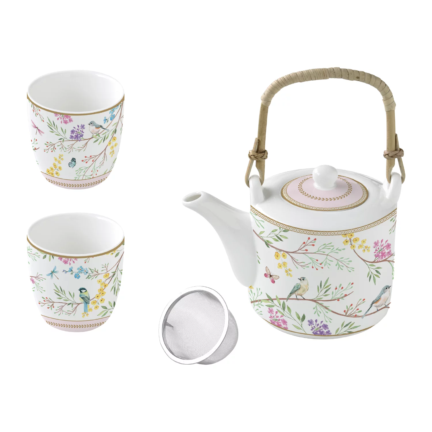 Porcelain teapot with metal infuser and 2 small cups BIRDS MELODY