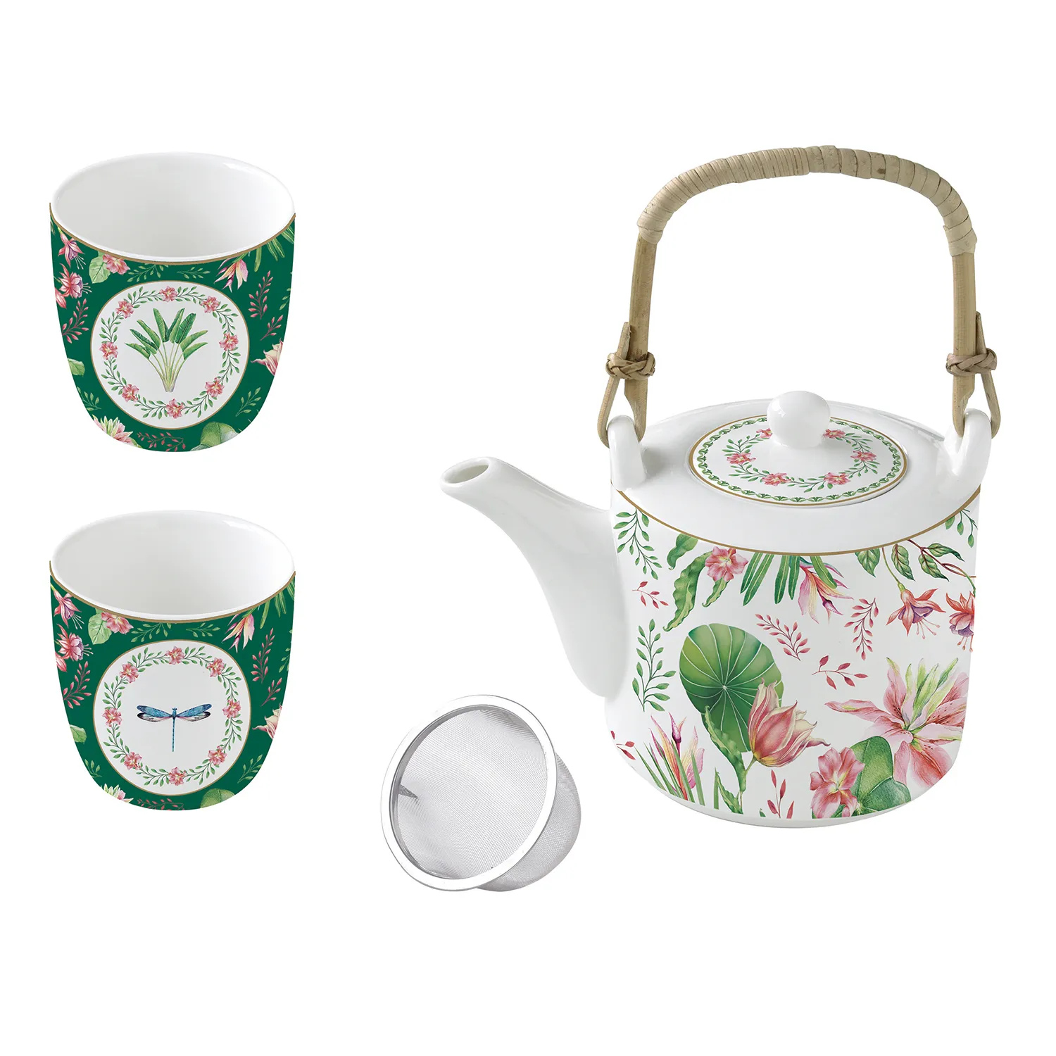 Porcelain teapot with metal infuser and 2 small cups BOTANIC CHIC