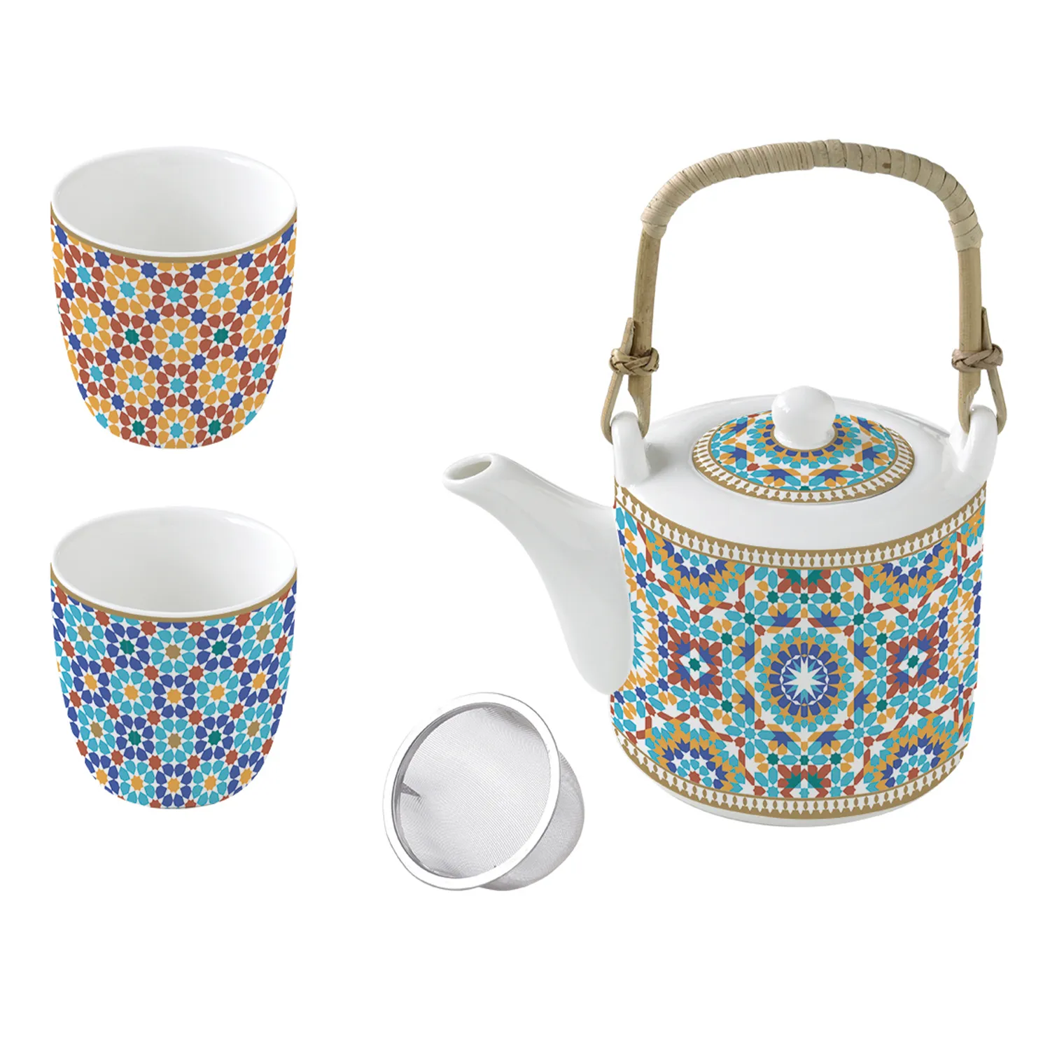 Teiera in porcellana con infusiera in metallo e 2 bicchierini MARRAKECH