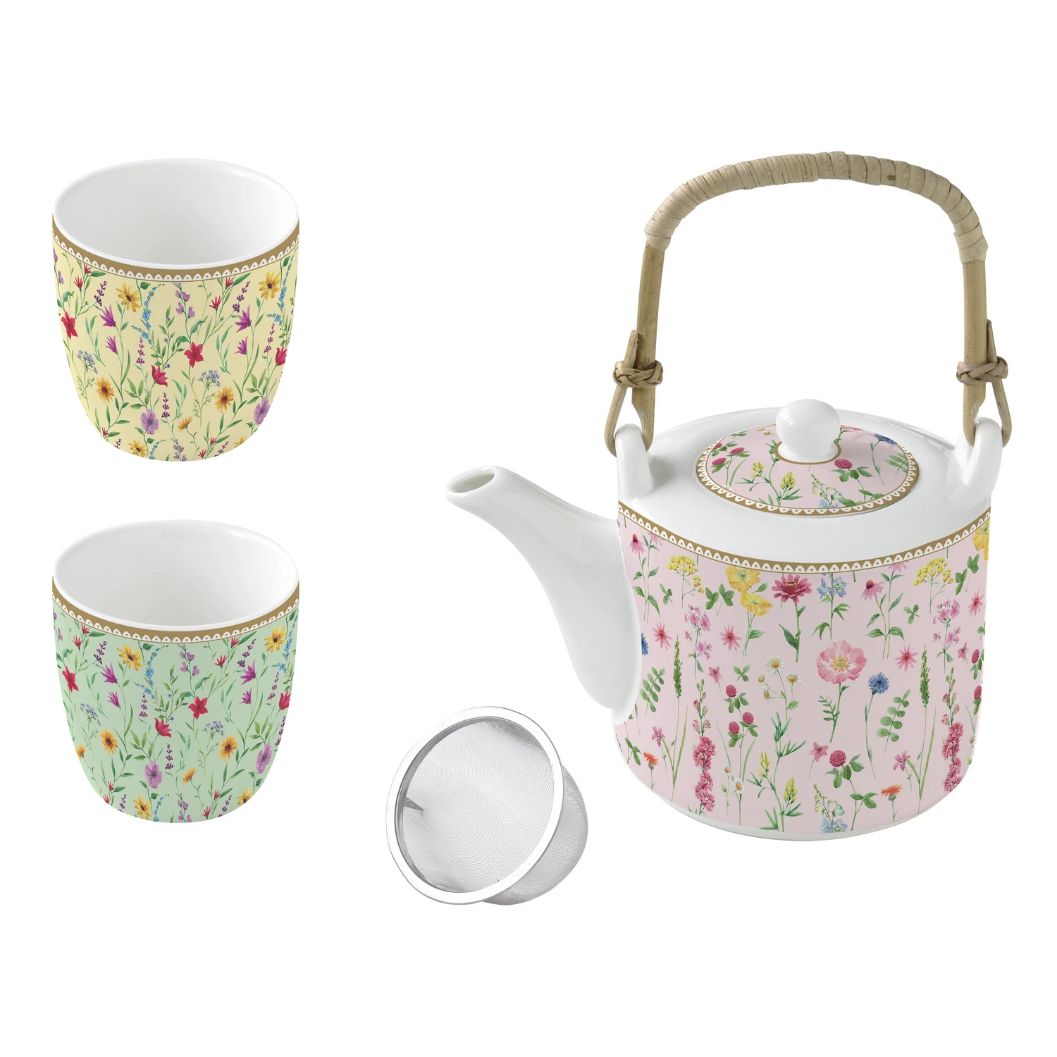 Porcelain teapot with metal infuser 600 ml + 2 cups 160 ml  MEADOW FLOWERS