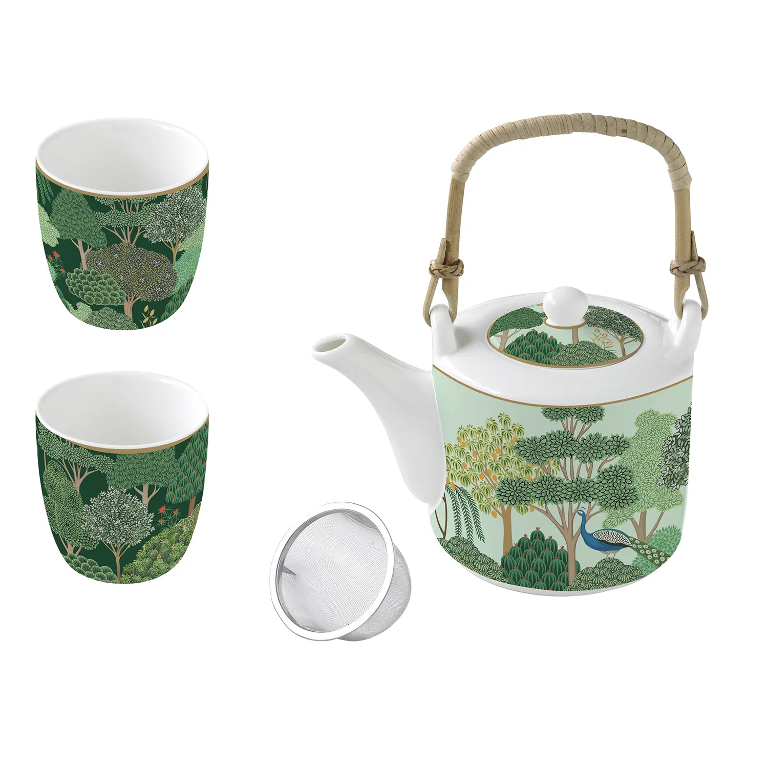 Teiera in porcellana con infusiera in metallo e 2 bicchierini WOODLAND