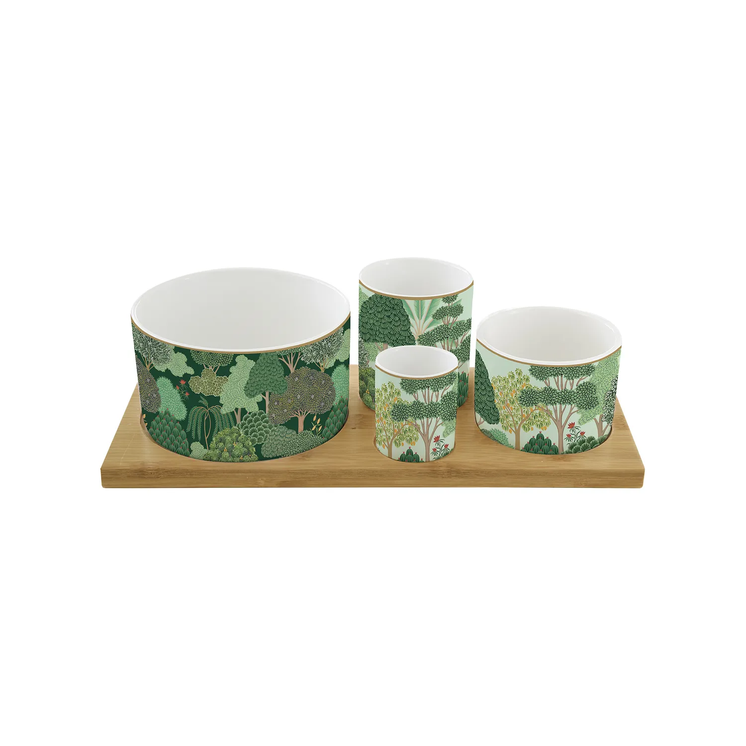 Set aperitivo con 4 ciotoline in porcellana e vassoio in bambù 29 x 13 cm WOODLAND