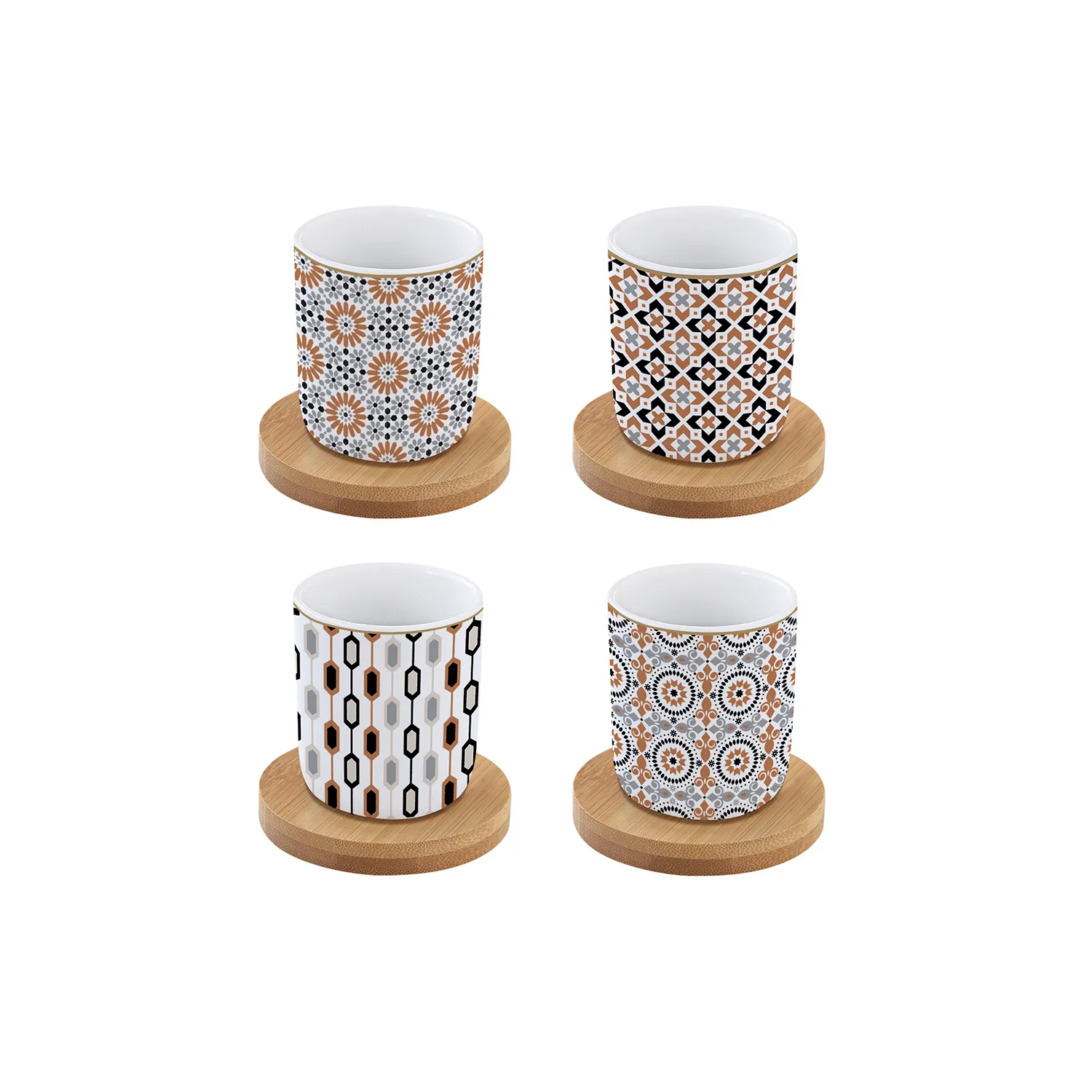 Set 4 bicchierini caffè in porcellana con piattino in bambù 110 ml GEOETHNIC