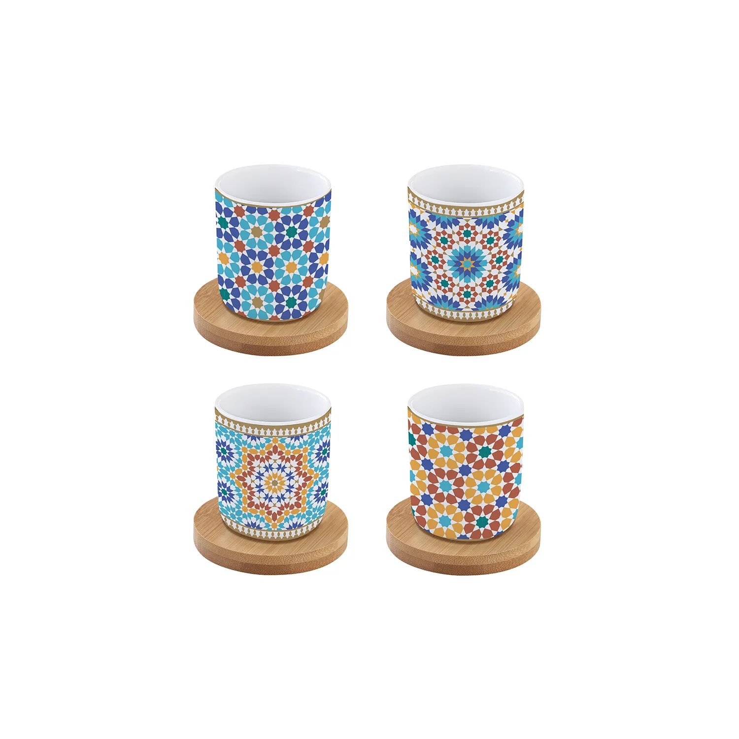 Set 4 bicchierini caffè in porcellana con piattino in bambù 110 ml MARRAKECH