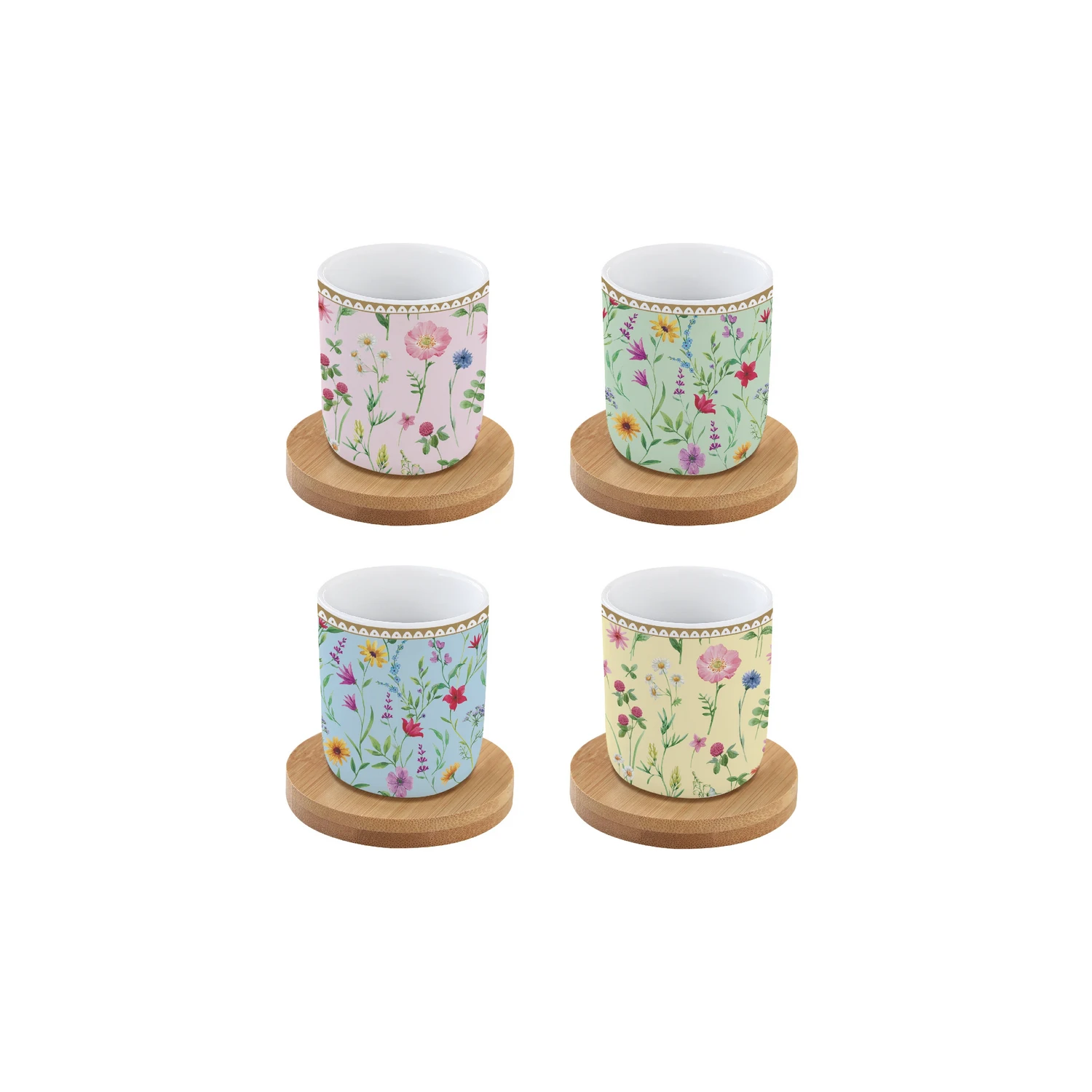 Set of 4 coffee porcelain cups with bamboo saucer 110 ml MEADOW FLOWERS