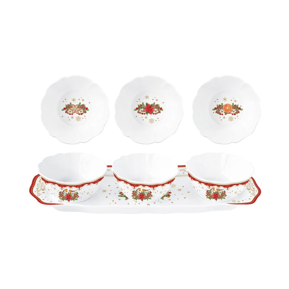 Appetizer set 37x14 w/3 porcelain bowls on porcelain tray CHRISTMAS MELODY