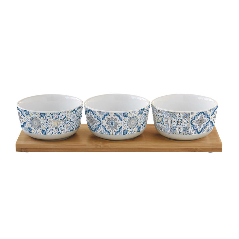 Ensemble de 3 bols en porcelaine Ø9 cm avec base en bambou Plat Casa Decor BLUE