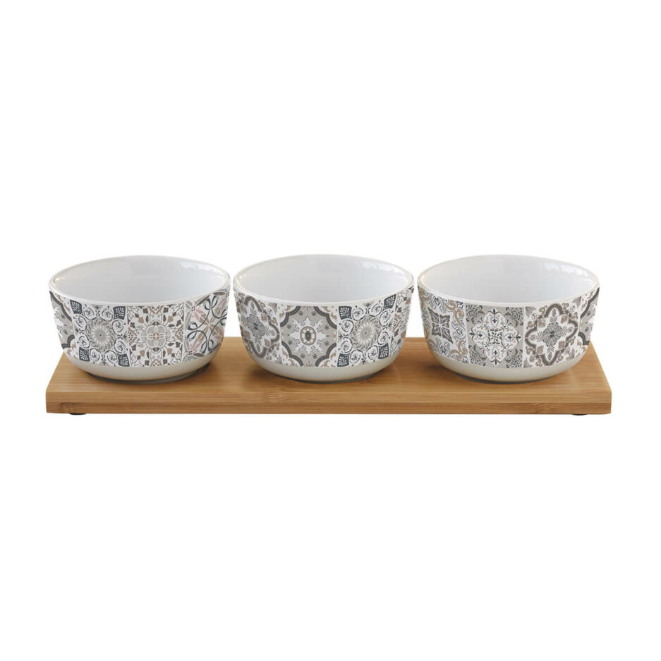 Set 3 bowls in porcelain Ø9 cm with bamboo tray GREY