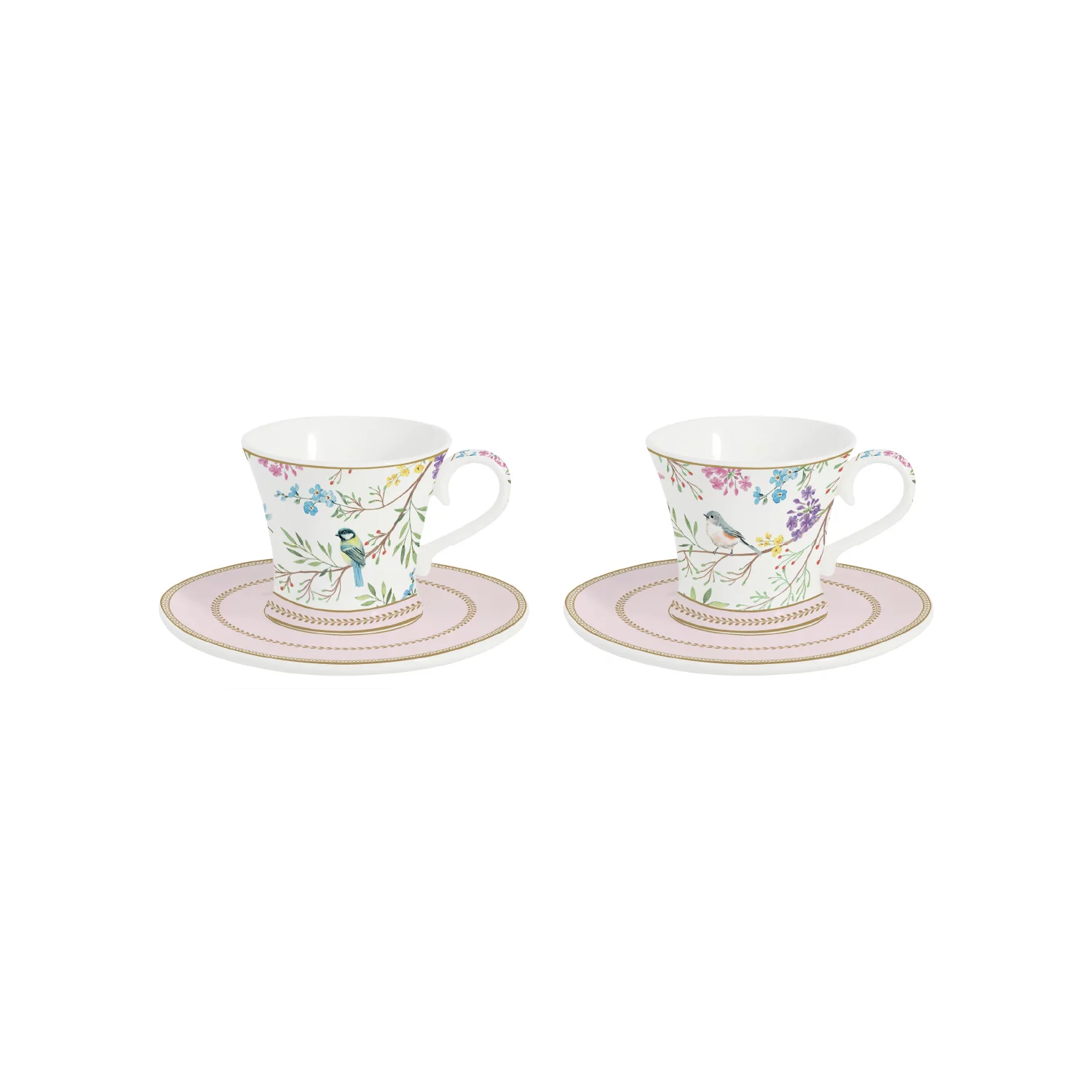 Set of 2 coffee porcelain cups with saucer 80 ml BIRDS MELODY