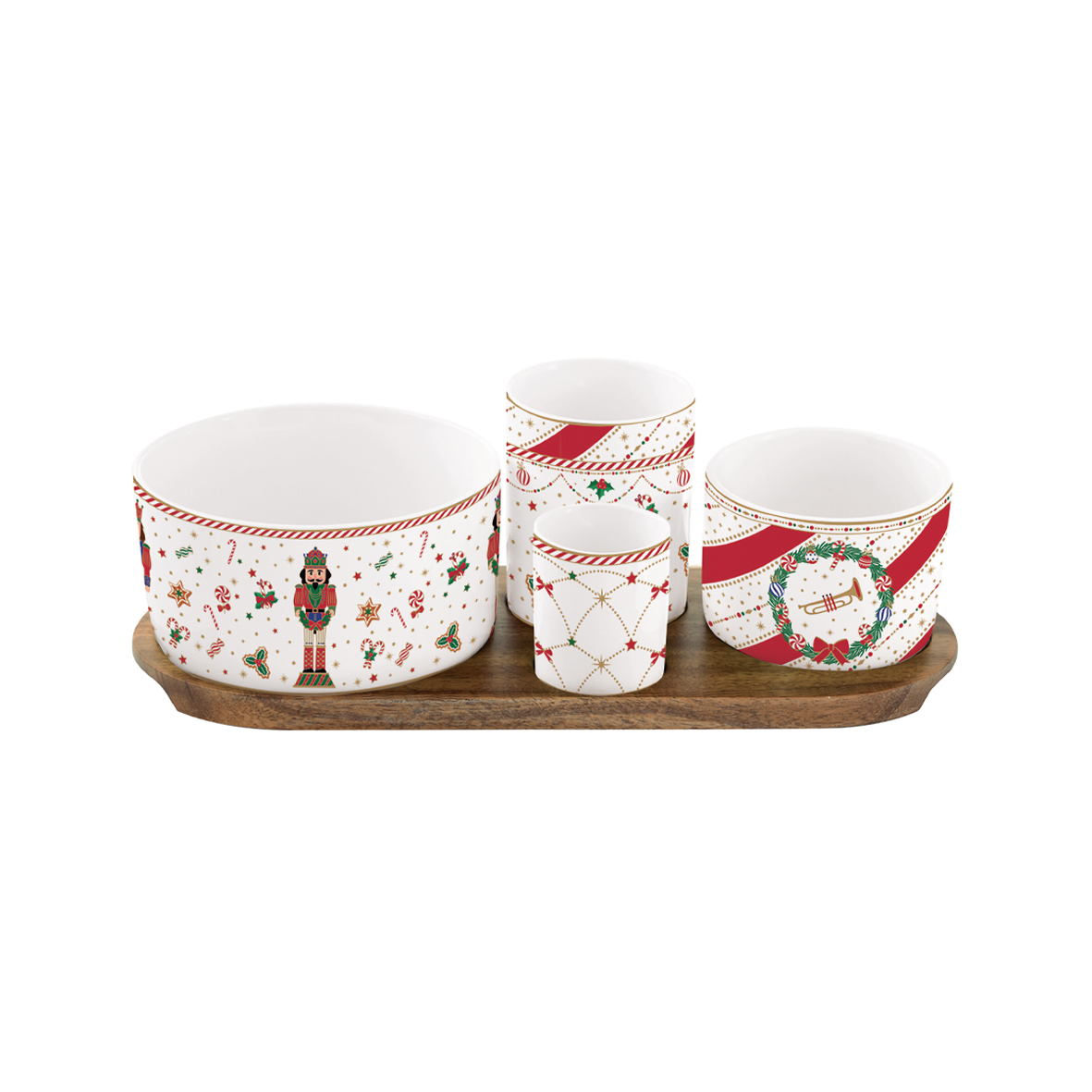 Set aperitivo con 4 ciotoline e vassoio in acacia NUTCRACKER TWIST