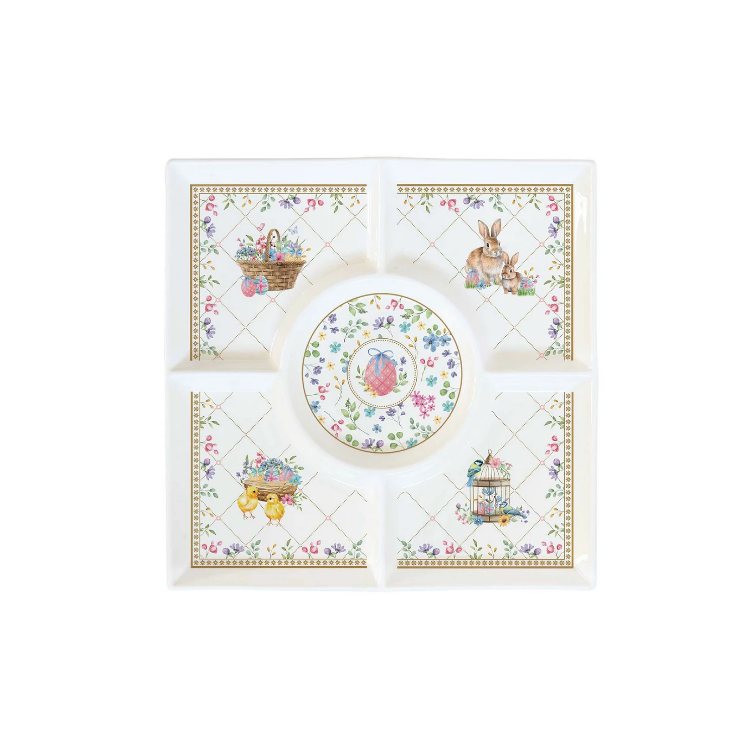 Compartment appetizer plate in porcelain 25 x 25 cm SPRING BLOOM