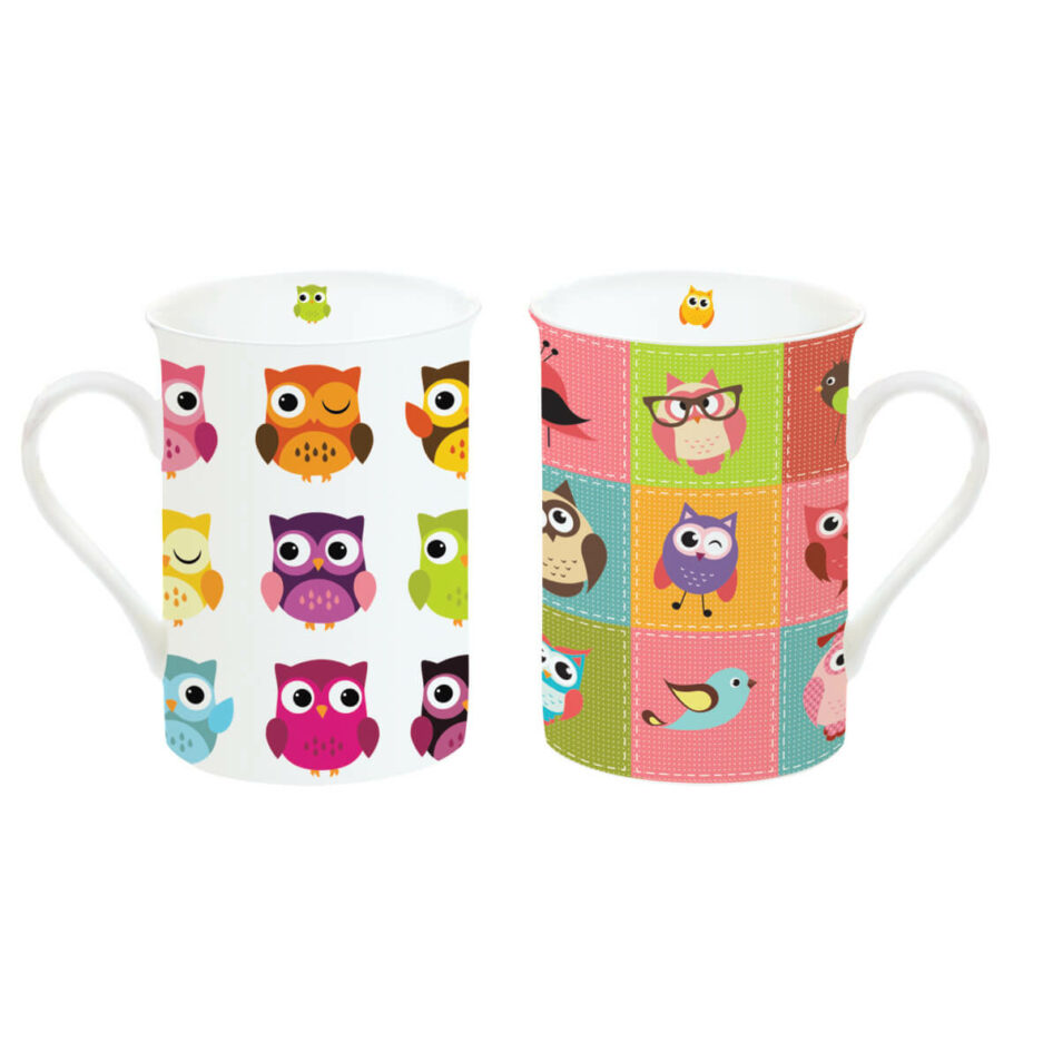 Set 2 tazze porc.c/sottob. in sughero in scatola latta OWLS