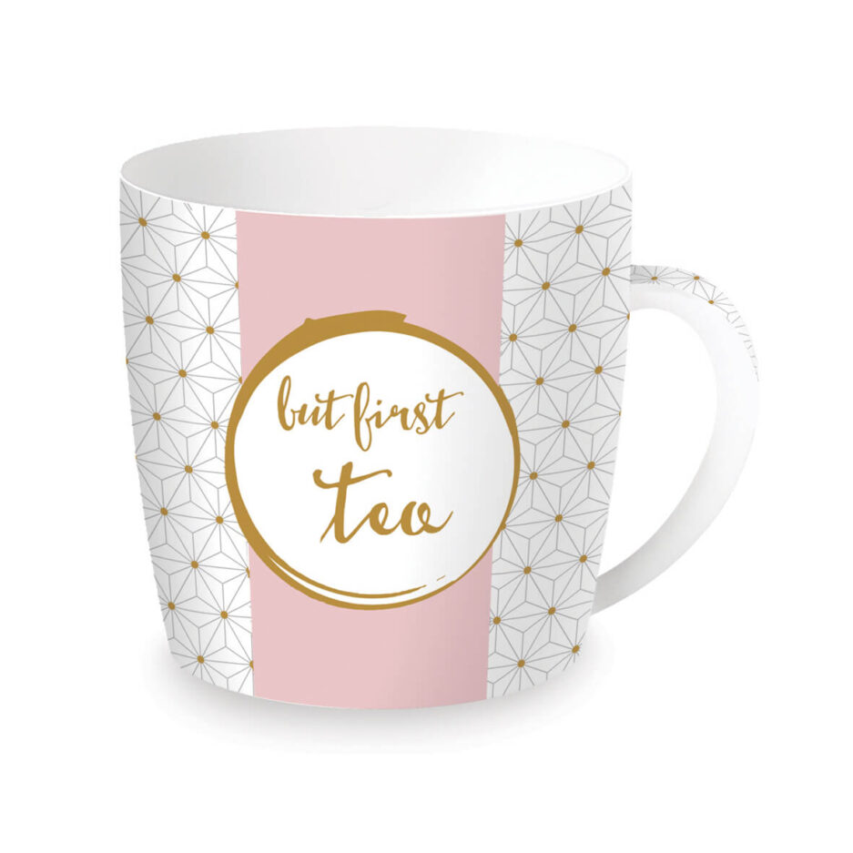 Tazza in porcellana in scatola latta BUT FIRST TEA