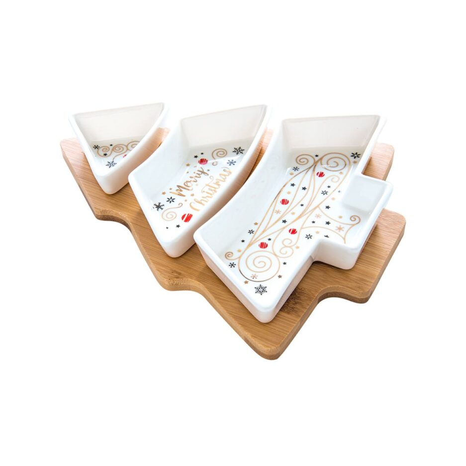 Appetizer set with 3 bowls on bamboo tray 25.5x21 MERRY CHRISTMAS