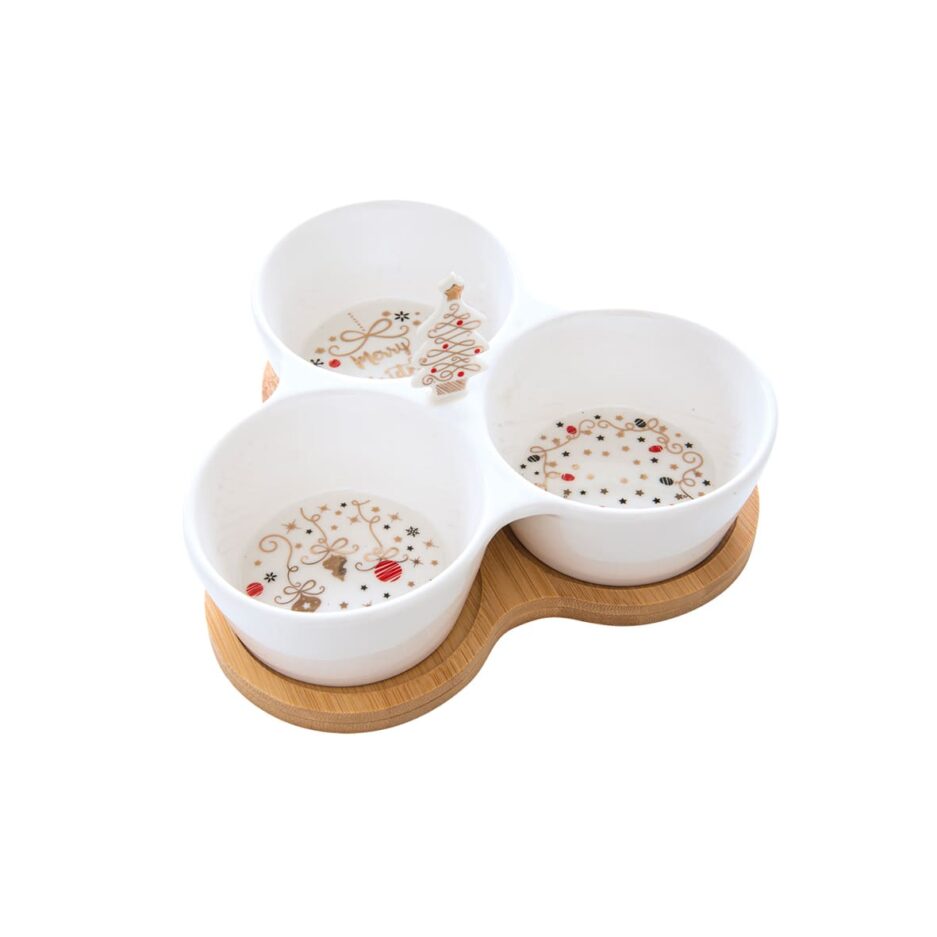 Appetizer set  20.5x17 with 3 bowls on bamboo tray MERRY CHRISTMAS