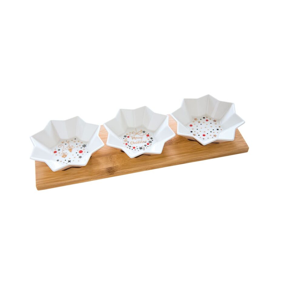 Appetizer set 33x10.5 with 3 bowls on bamboo tray MERRY CHRISTMAS