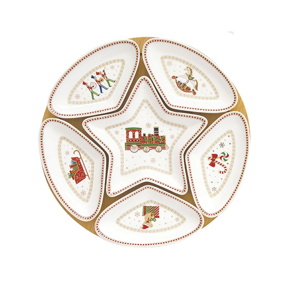 Appetizer set Ø 25 cm w/6 bowls in porcelain on bamboo tray in color box POLAR EXPRESS