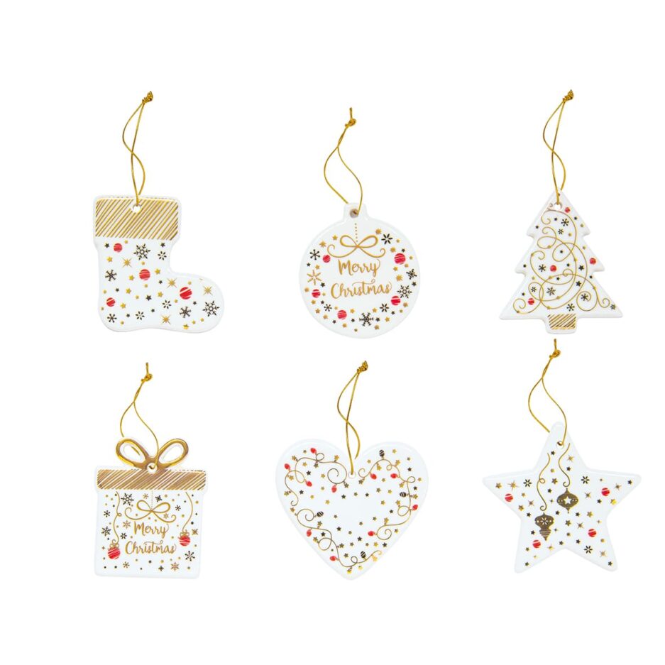 Set 6 porcelain Xmas tree decoration Ø 7 in color box MERRY CHRISTMAS