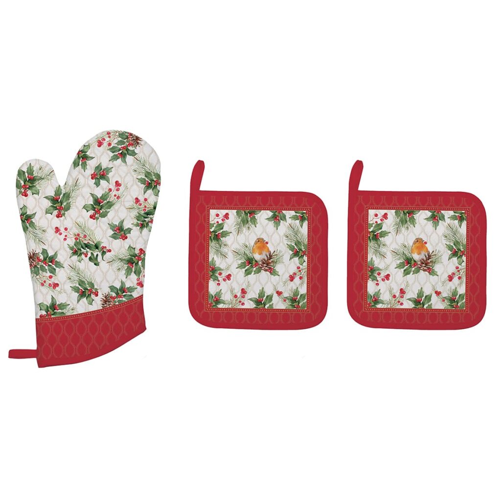 Kitchen textile set - 1 glove and 2 potholders CHRISTMAS BERRIES