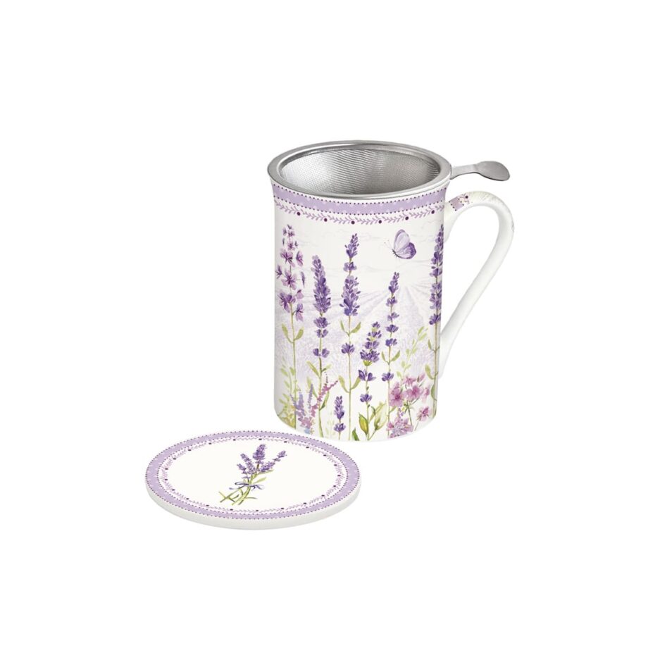 Fine China mug with lid and metal infuser LAVENDER FIELD