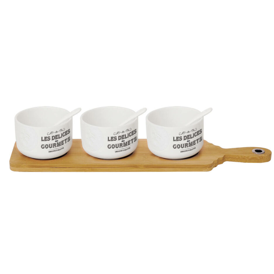 Set aperitivo con 3 ciotoline e cucchiaini in porcellana e vassoio bambù cm 37x9 in scatola regalo